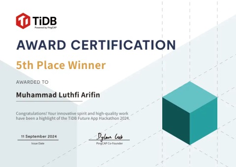 Top 5 Global Winner — TiDB Future App Hackathon 2024 — certificate